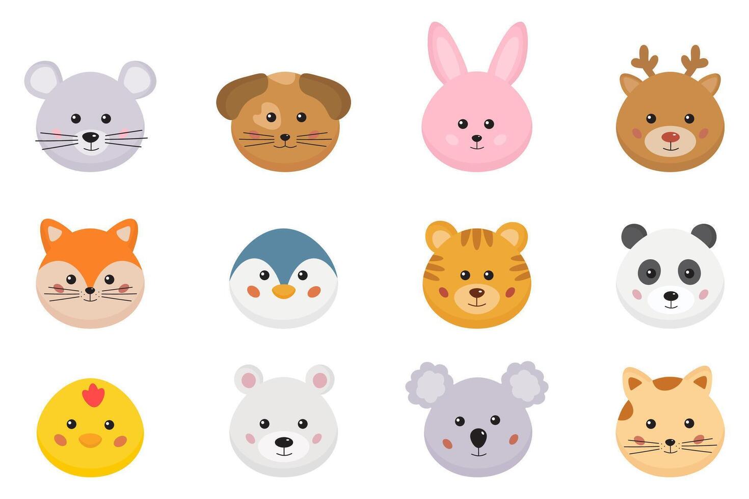 Cartoon cute animals faces collection for baby card, prints, invitation. Cute funny jungle, forest and farm animals icon, portrait set isolated on white background. Bunny, cat, fox, tiger, panda, dog. vector