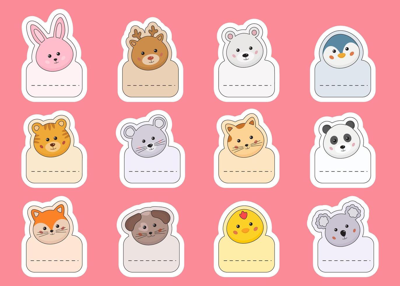 Name tags for kids. Name cards, labels, stickers for kids, toddlers, baby. Kids clothes stickers, lunchbox tag with cute animals. Animals shaped notepads, classroom labels, markers, school stationery. vector