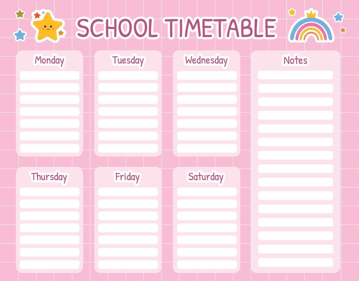 School timetable. Weekly planner for kids printable template. Kids schedule for planning children daily routine, lessons, classes, hobbies, notes. Back to school planner with rainbows and stars. vector