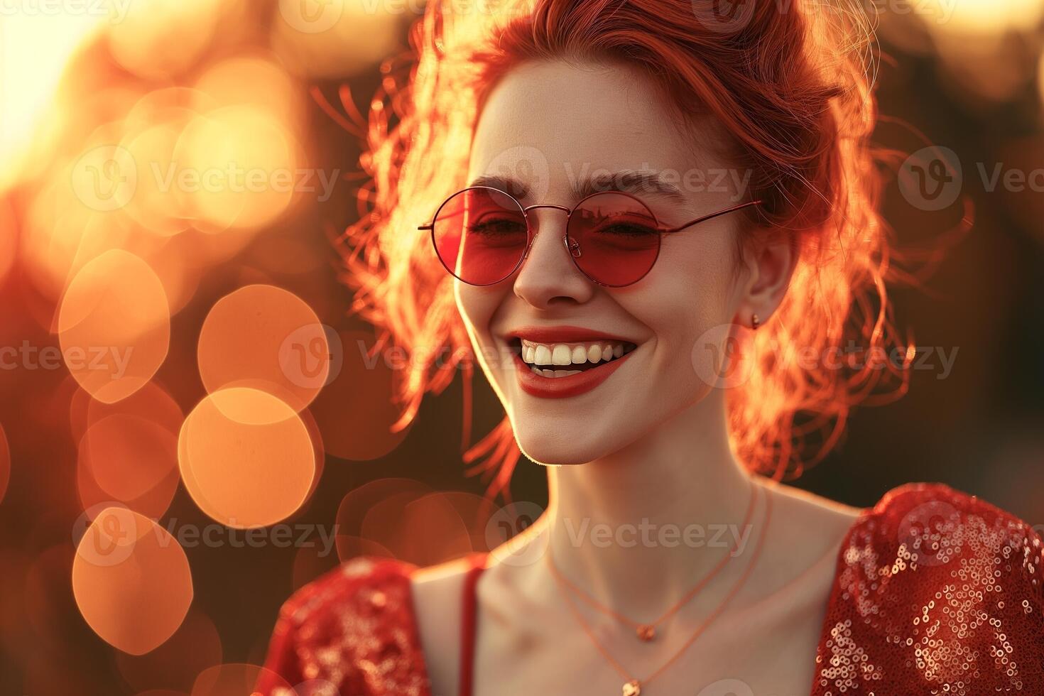 AI generated Red-haired young girl in red trendy fashionable glasses on the sparkle peach background photo