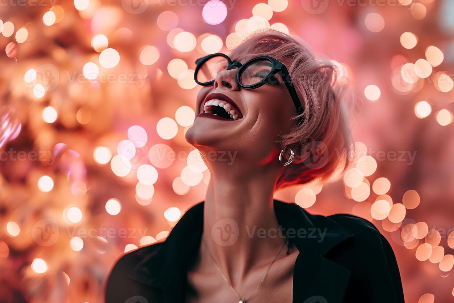 AI generated 30-40 years old woman laughing on sparkle peach background photo