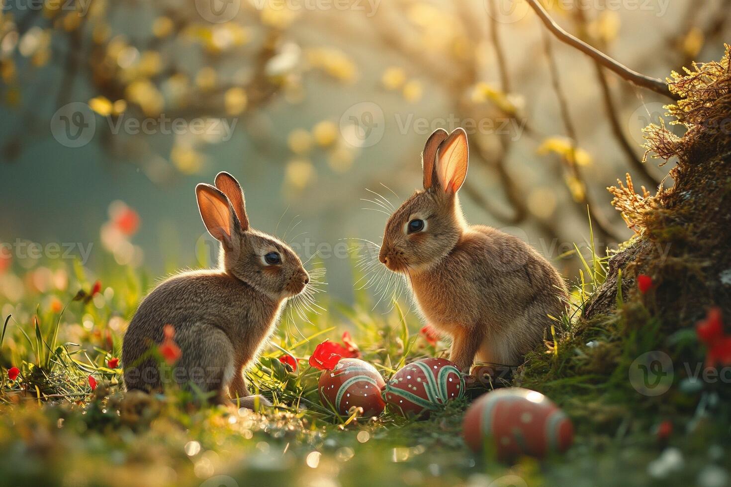 AI generated Multi-colored Easter eggs with the Easter bunny in nature photo