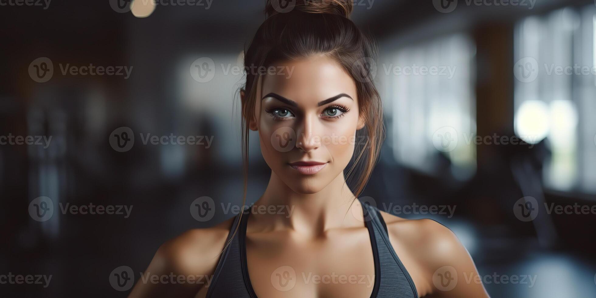 ai generado ajuste deportivo mujer niña hembra atleta a gimnasio antecedentes en bueno forma y deporte atuendo. retrato cara con foto