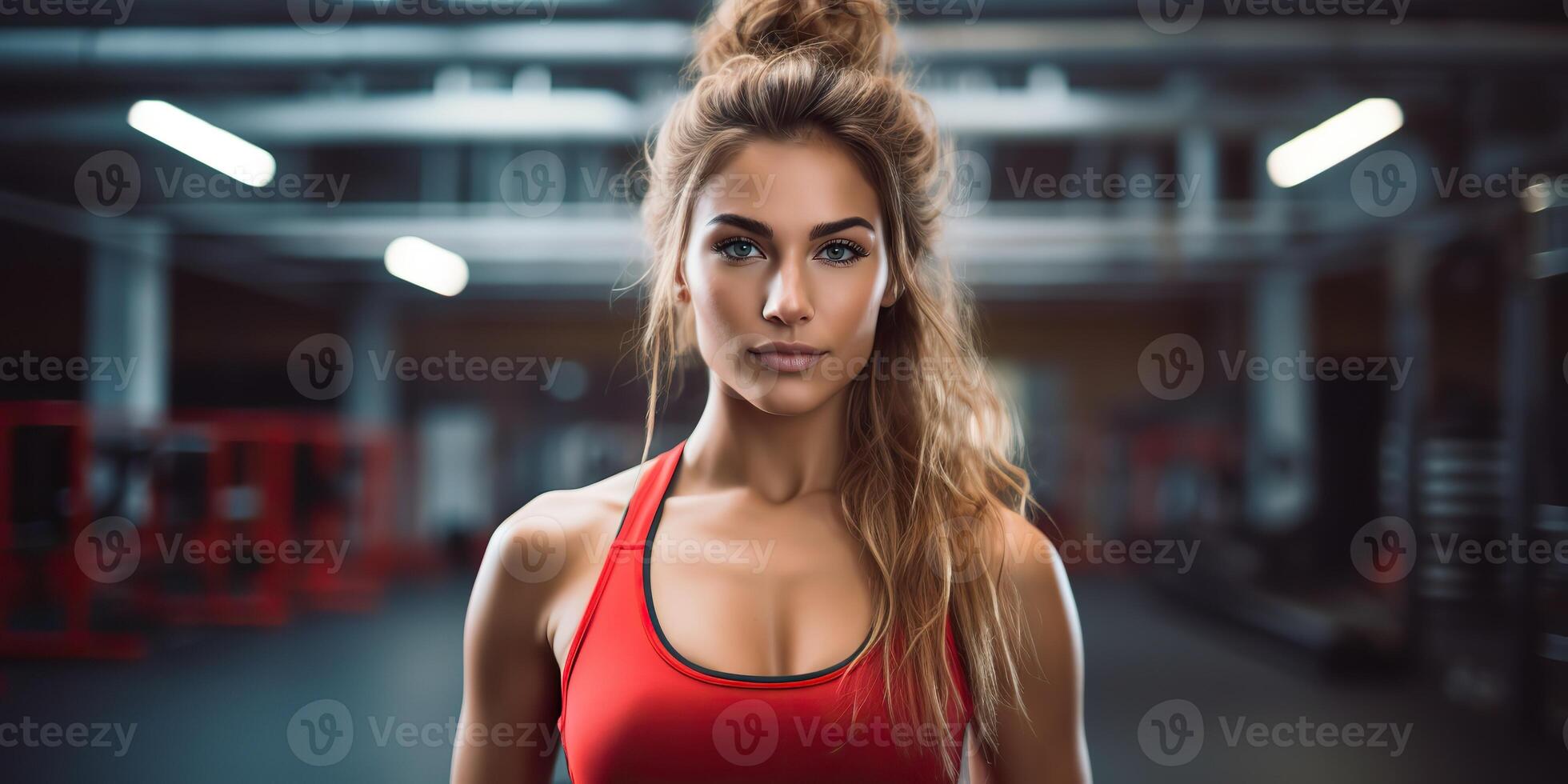 AI generated Fit sporty woman girl female athlete at gym background in good shape and sport outfit. Portrait face with photo