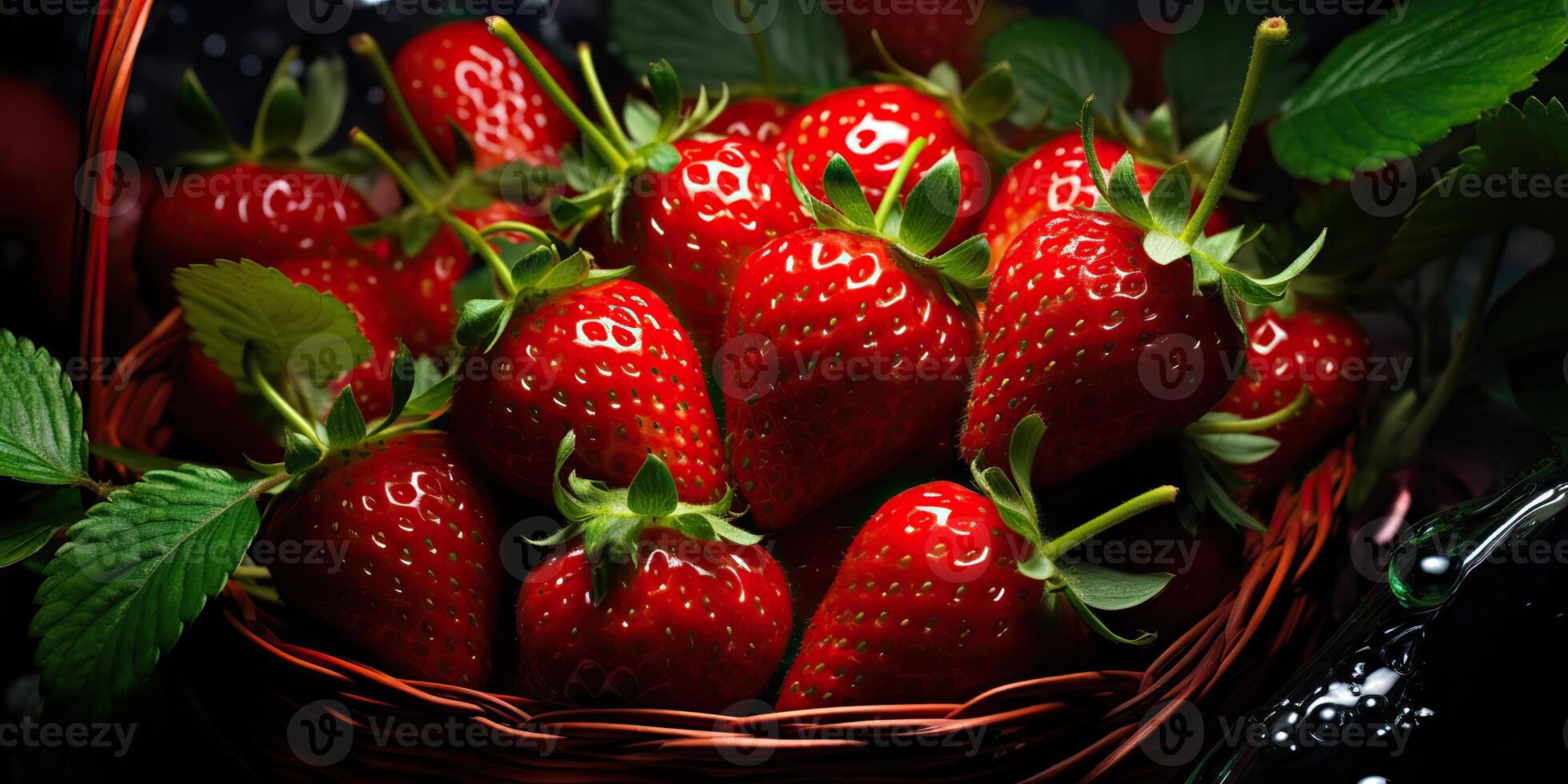 AI generated Fresh raw vegetarian red green berry strawberry in basket. Market plant farmer harvest photo