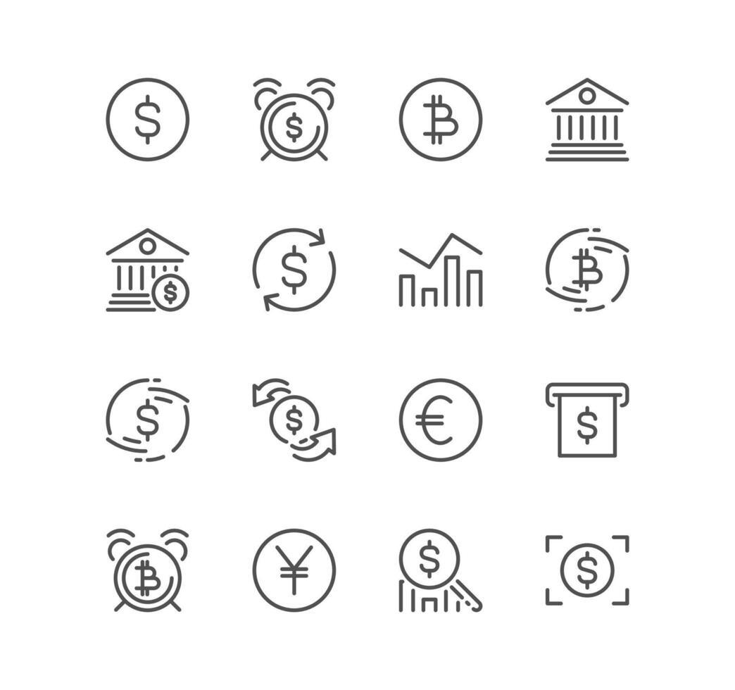 Set of currency related icons, exchange, investment, bank deposit, financial forecast, change graph and linear variety vectors. vector