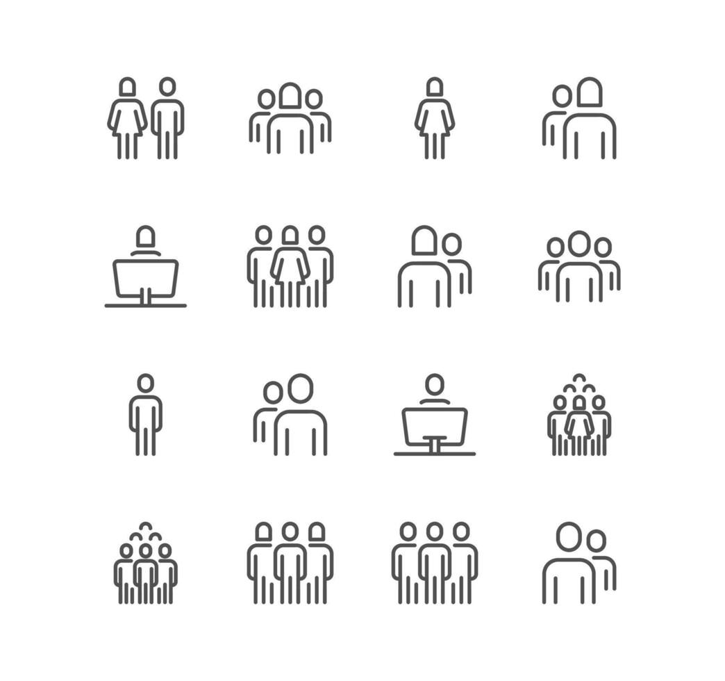 Set of people related icons, couples, one person, group and linear variety vectors. vector