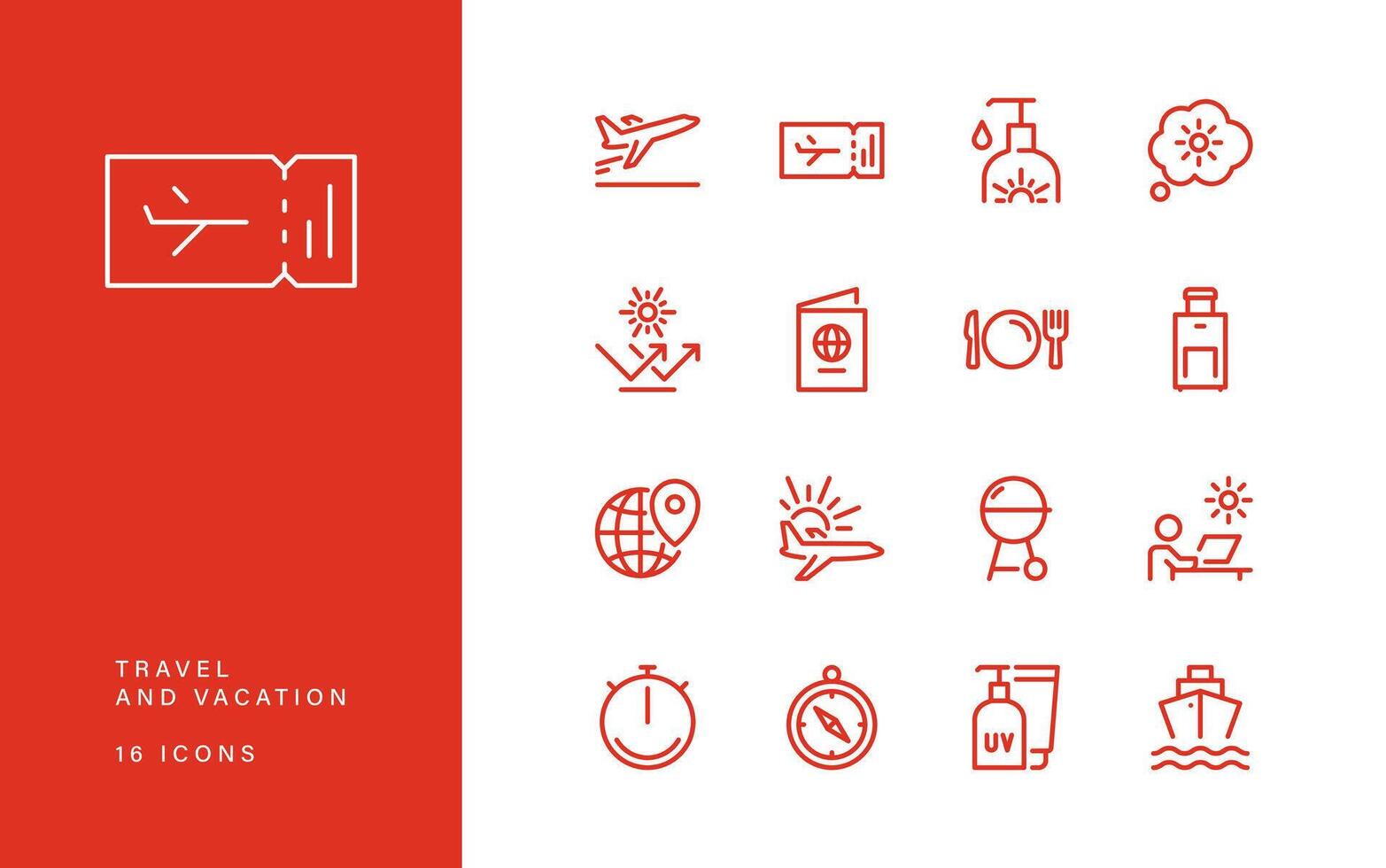 Set of travel and vacation related icons, sun bed, swimming pool, rudder, direction sign, boat, route, wind, camera, sun, beach elements and linear variety vectors. vector