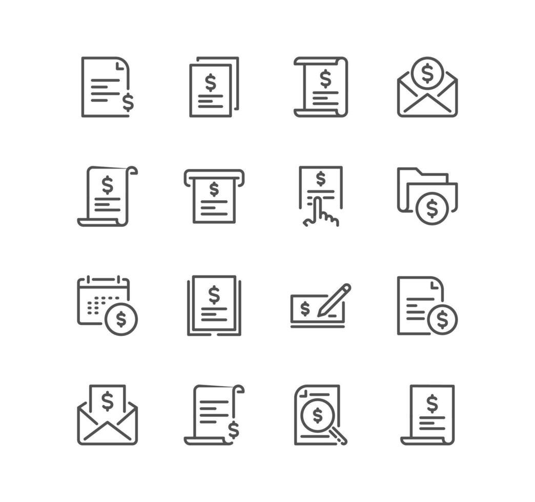 Set of invoice related icons, accounting, taxes, business audit, payment, bill invoice, order, paper bank document and linear variety vectors. vector