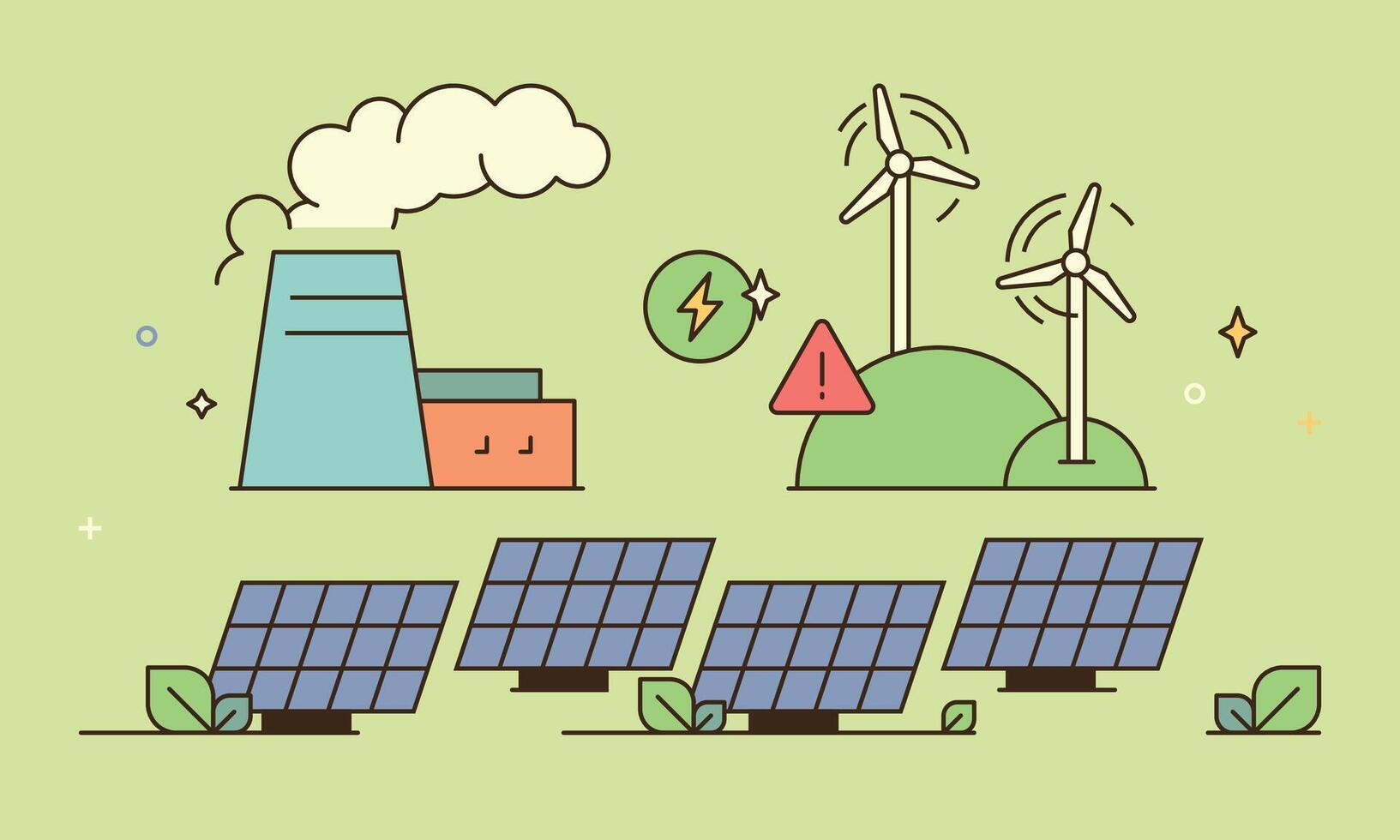 Green energy and sustainable electric power sources, windmills, turbines, solar panels, alternative renewable electricity from wind outline simple vector illustration.