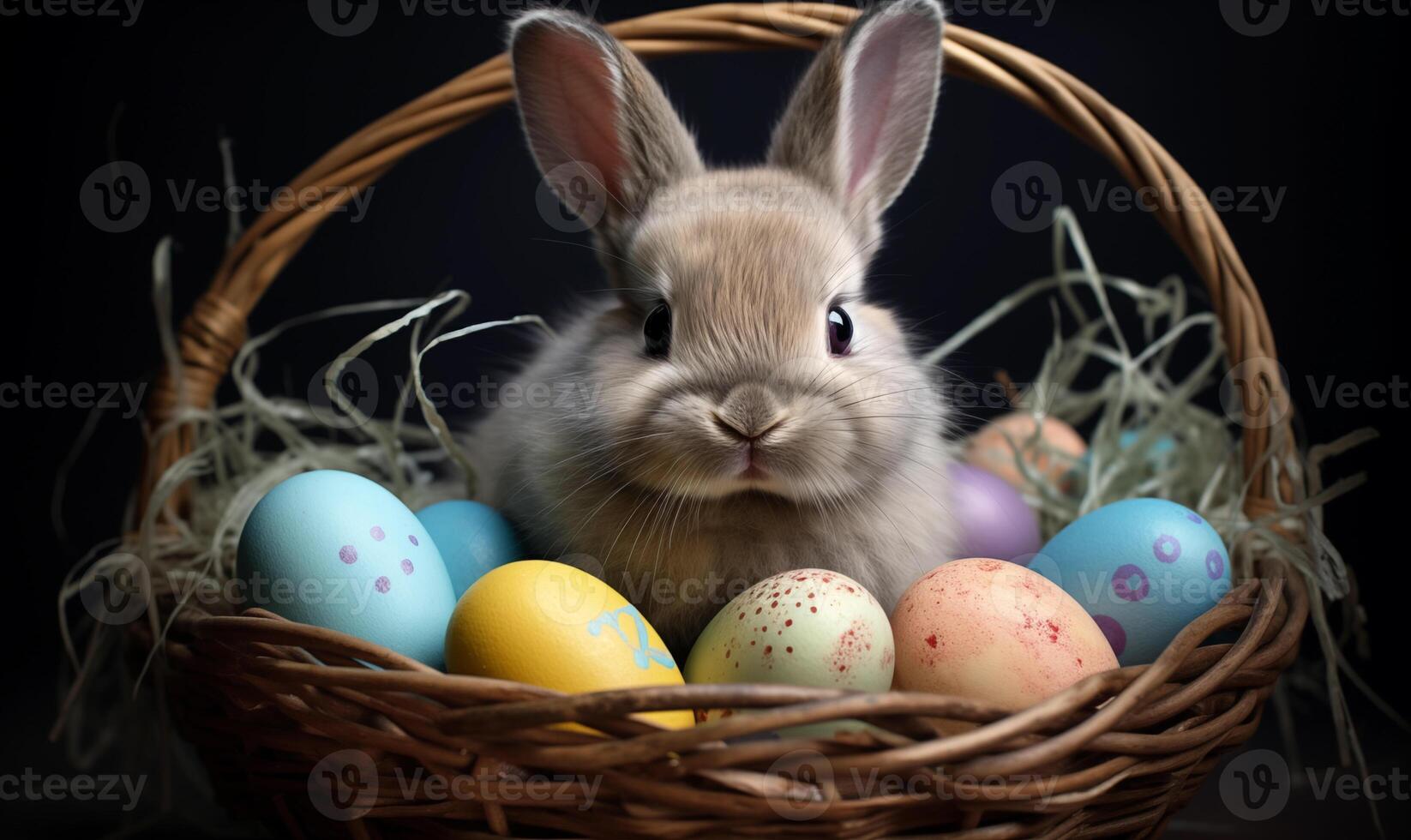 AI generated Easter bunny with a basket of colorful eggs. Created by artificial intelligence. photo