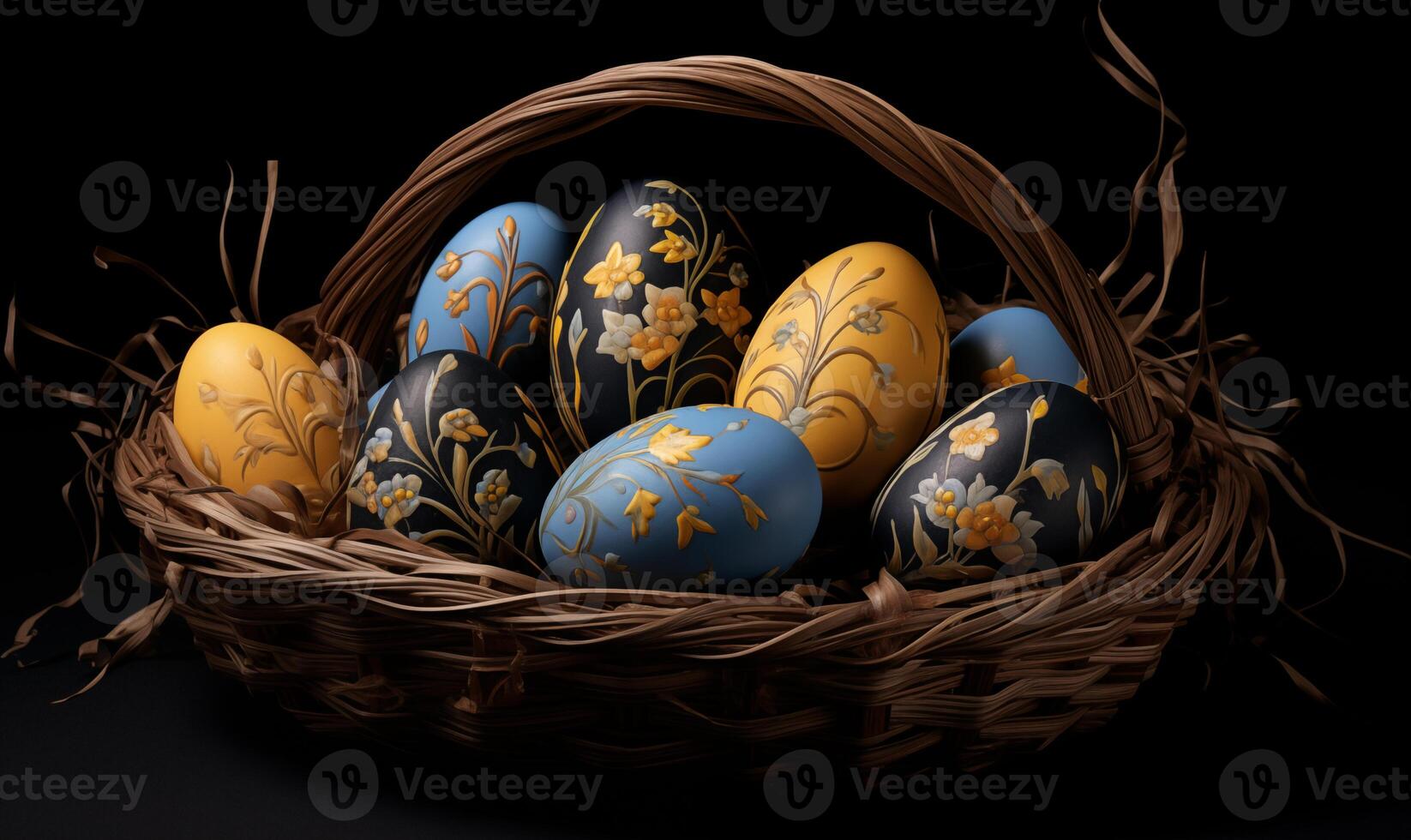 AI generated Easter eggs in a basket on a dark background. Generated by artificial intelligence. photo
