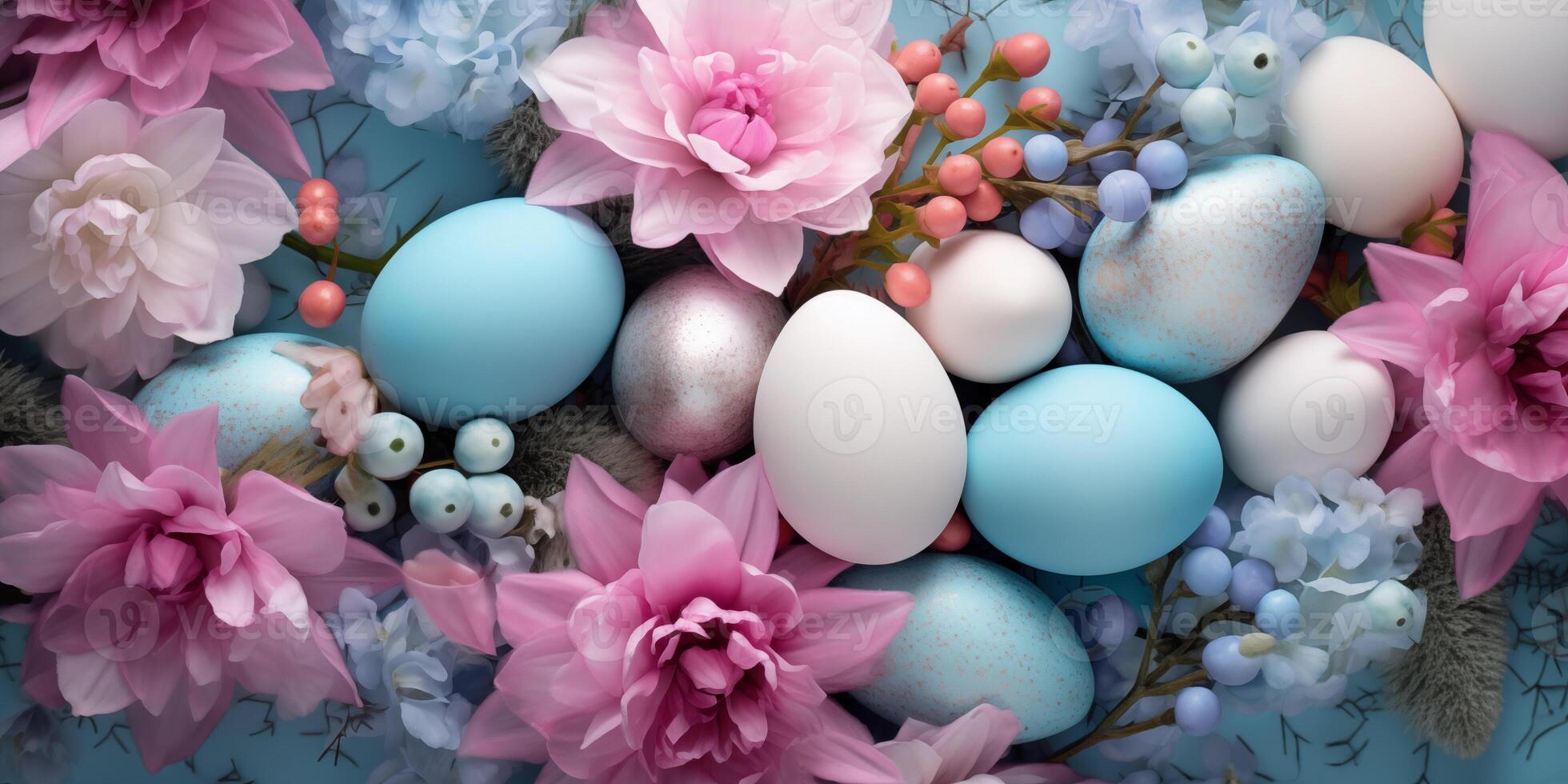 Arrangement of Easter eggs and flowers in pink-blue colors. Created by artificial intelligence. photo