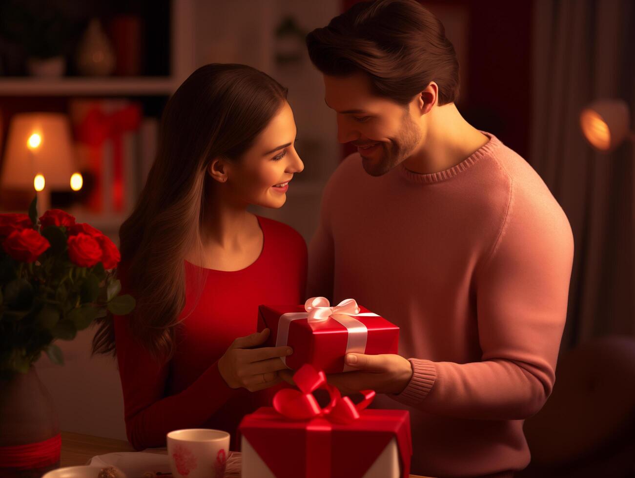 ai generado el Pareja celebrar San Valentín día y dar cada otro regalos. ai generativo foto