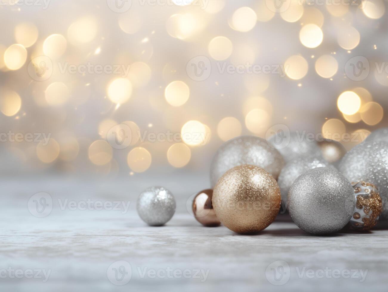 AI generated Gold and silver Christmas balls on the left on the table. AI Generative photo