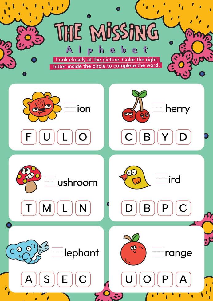 flat design vector complete the sentence abc alphabet printable worksheet for kids learning activity