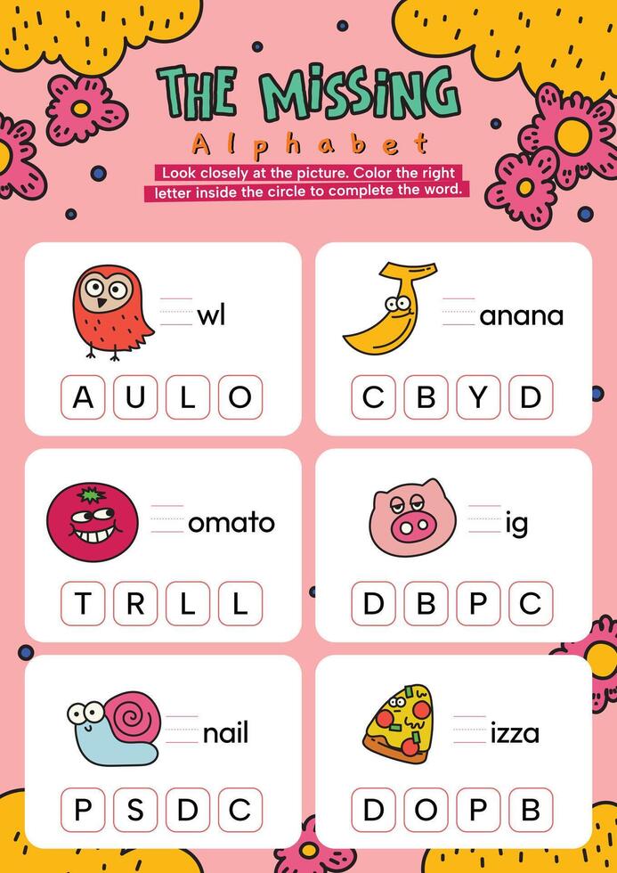 flat design vector complete the sentence abc alphabet printable worksheet for kids learning activity