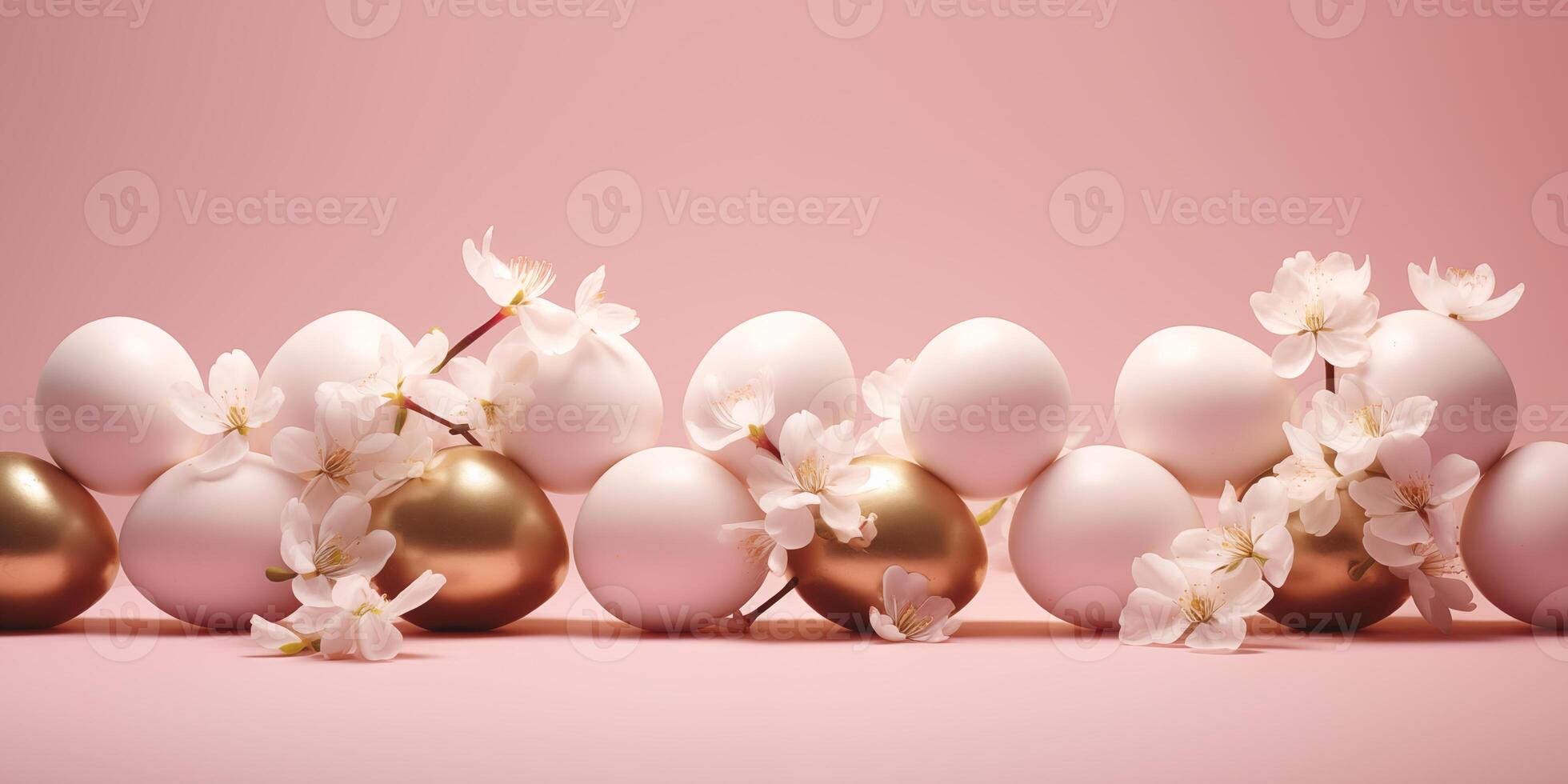 Golden and white eggs with white flowers on a pink background. Generated by Artificial Intelligence photo