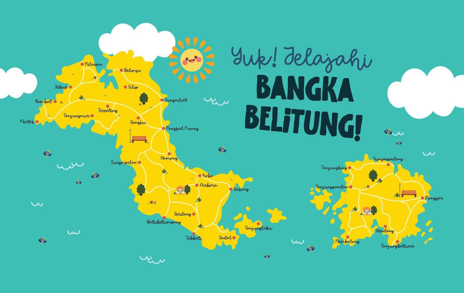 plano diseño vector linda divertido vistoso bangka belitung Indonesia linda niños vistoso mapa