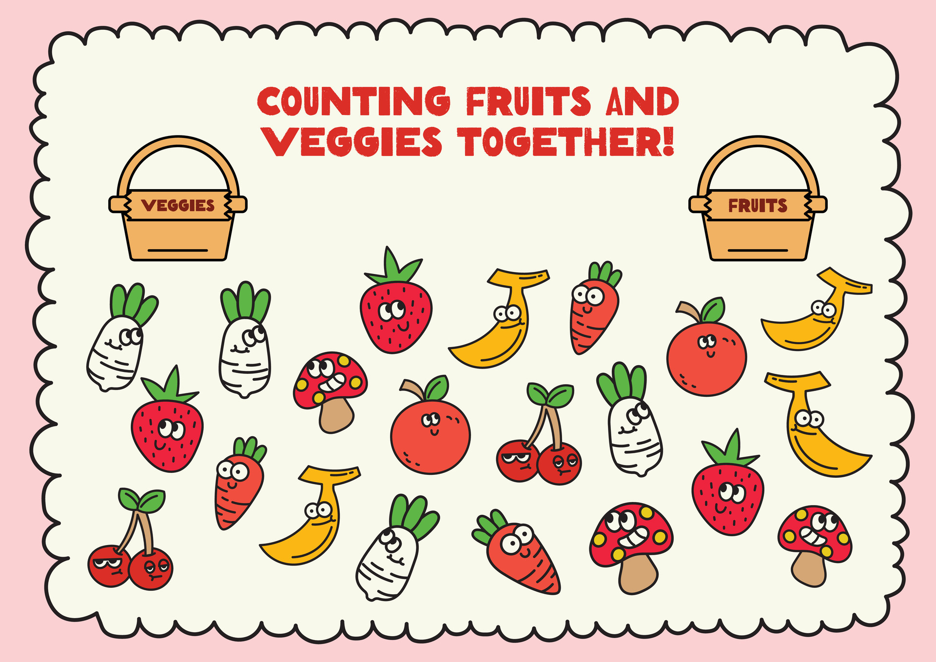 flat design vector count math fruit and vegetable printable worksheet
