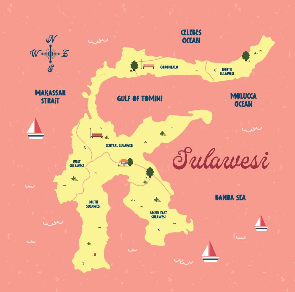 plano diseño vector linda divertido vistoso sulawesi Indonesia linda niños vistoso mapa