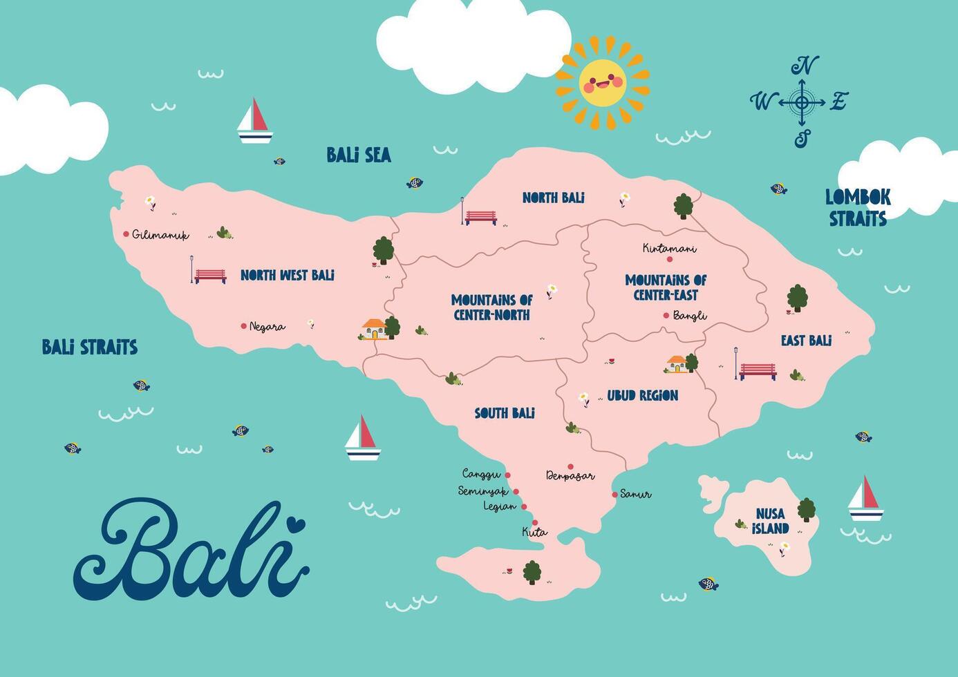 plano diseño vector linda divertido vistoso bali Indonesia linda niños vistoso mapa