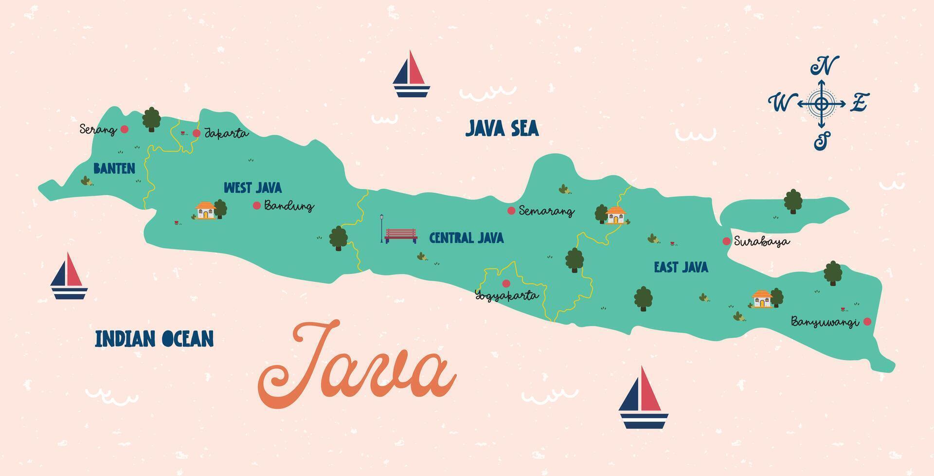 plano diseño vector linda divertido vistoso Java jawa Indonesia linda niños vistoso mapa