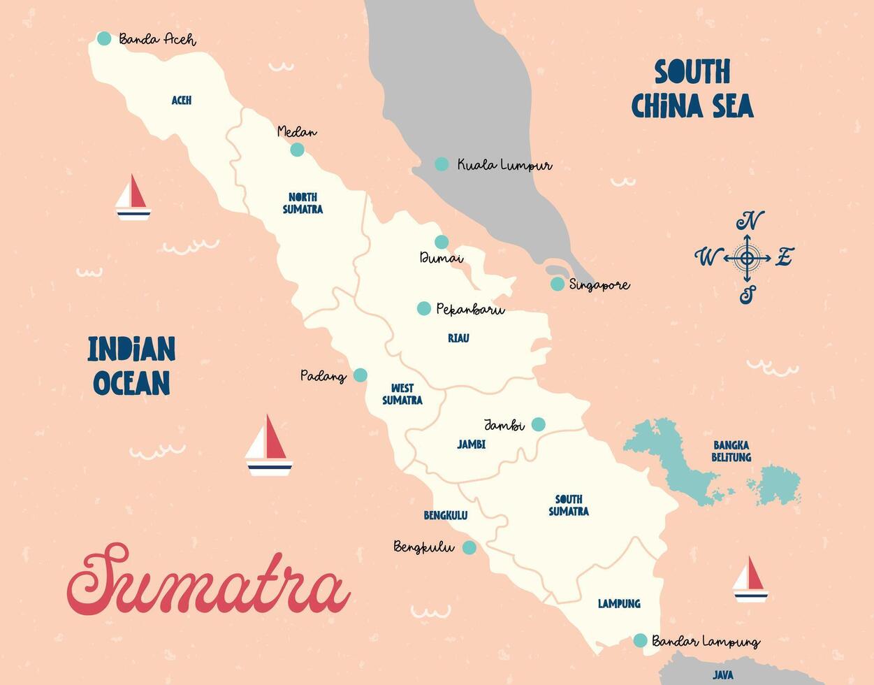 plano diseño vector linda divertido vistoso Sumatra Indonesia linda niños vistoso mapa