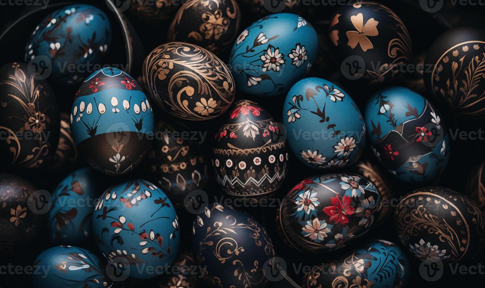 AI generated Decorated easter eggs on a black background. Generated by artificial intelligence. photo
