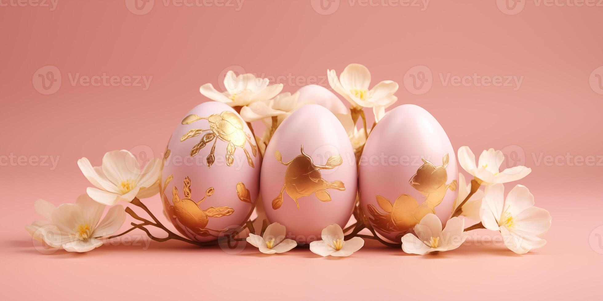 AI generated White eggs with golden pattern and white flowers on a pink background. Created by artificial intelligence photo