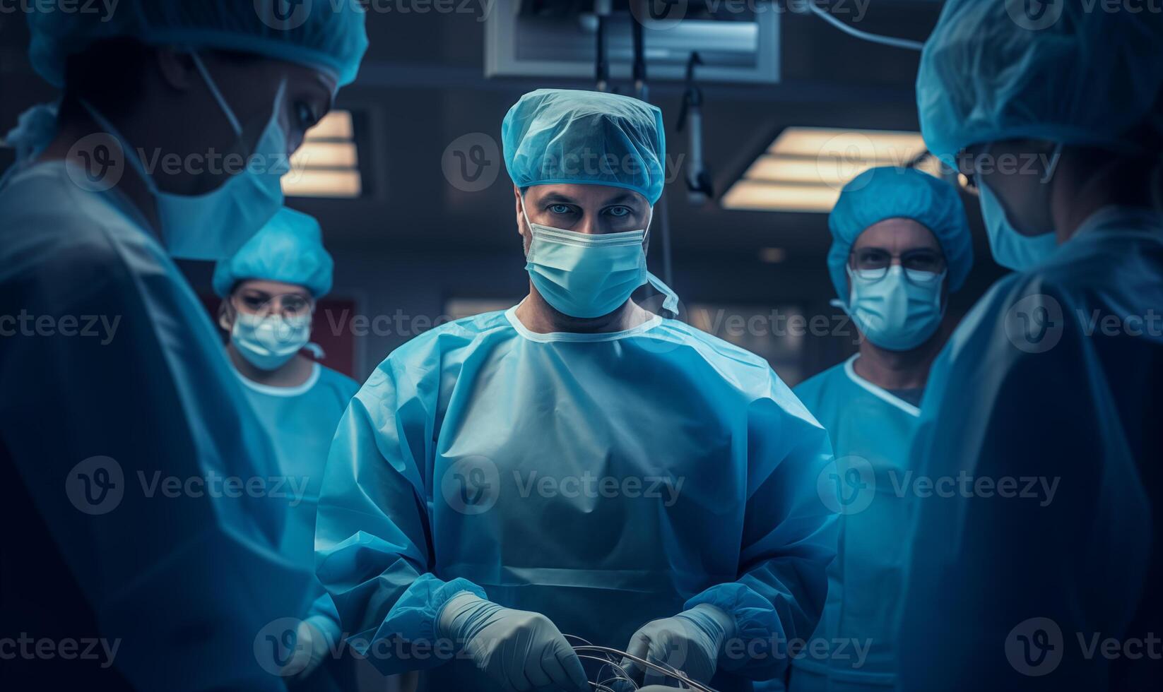 AI generated The medical team of surgeons in the hospital doing minimal invasive surgical interventions. Created by AI. photo