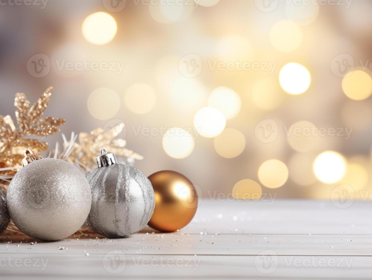 AI generated Christmas silver and gold balls with golden tree branches on the table. AI Generative photo