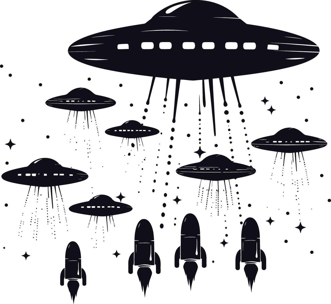 AI generated Silhouette space invaders by UFO black color only vector