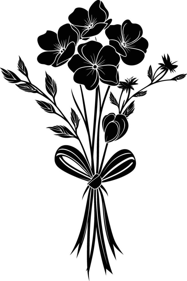 AI generated Silhouette spring flower bouquet tied with ribbon black color only vector