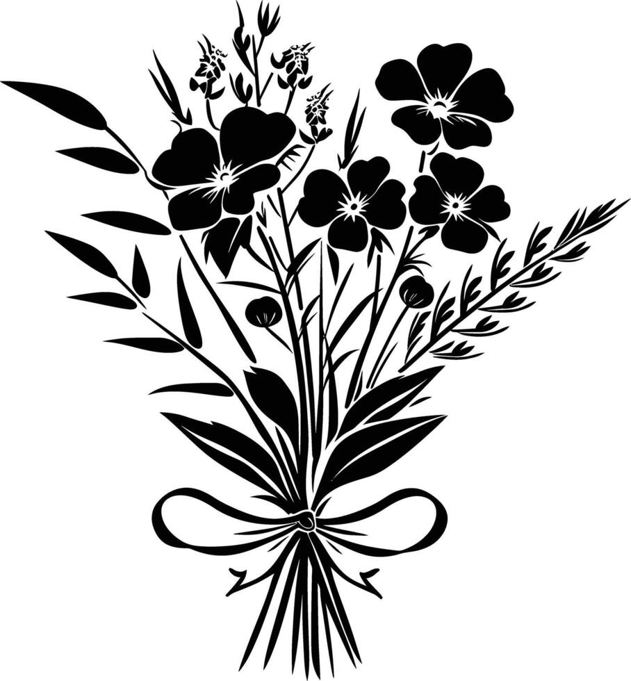 AI generated Silhouette spring flower bouquet tied with ribbon black color only vector