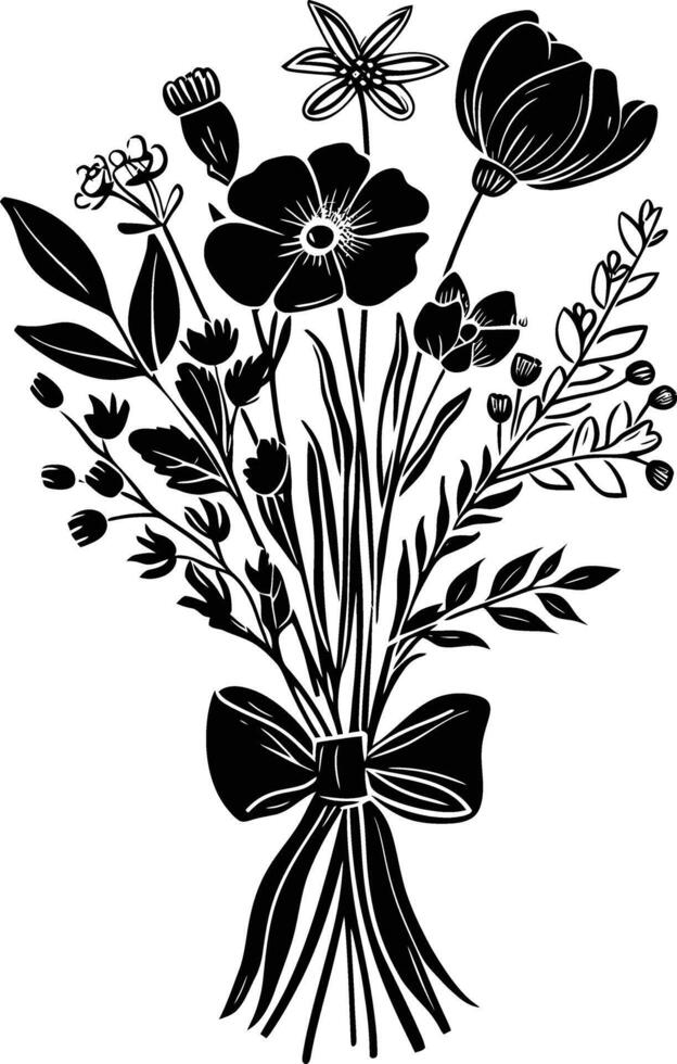 AI generated Silhouette spring flower bouquet tied with ribbon black color only vector