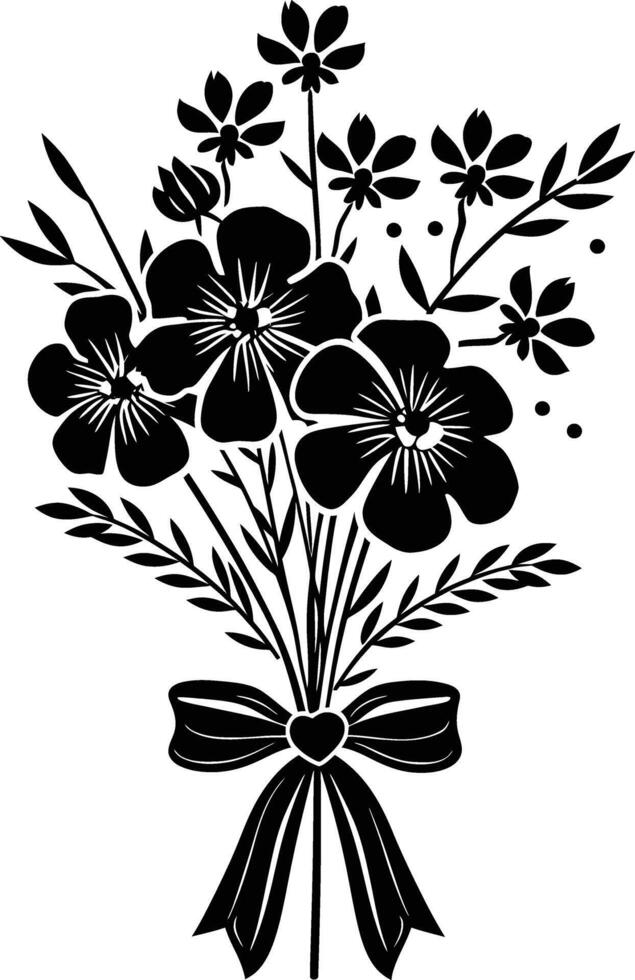 AI generated Silhouette spring flower bouquet tied with ribbon black color only vector