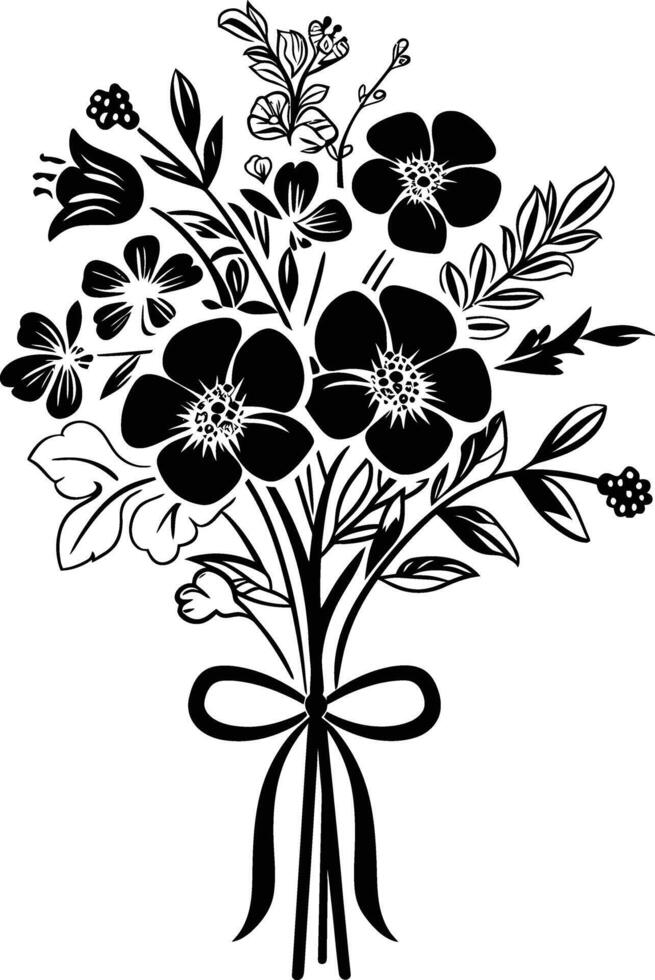 AI generated Silhouette spring flower bouquet tied with ribbon black color only vector