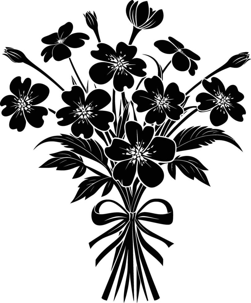AI generated Silhouette spring flower bouquet tied with ribbon black color only vector