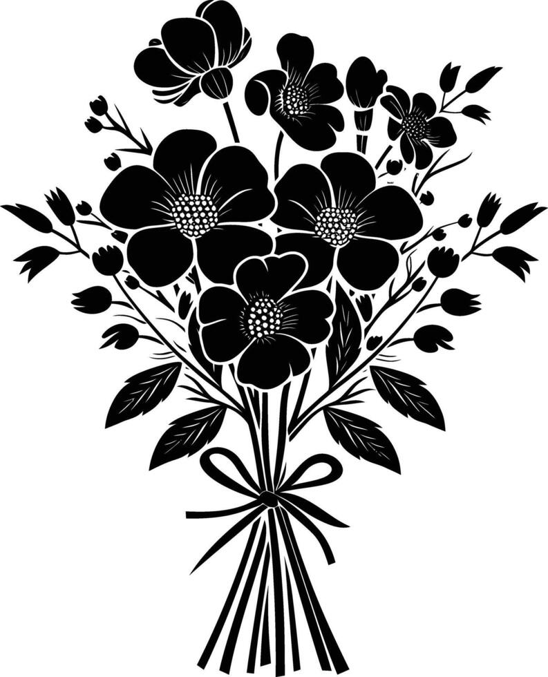 ai generado silueta primavera flor ramo de flores atado con cinta negro color solamente vector