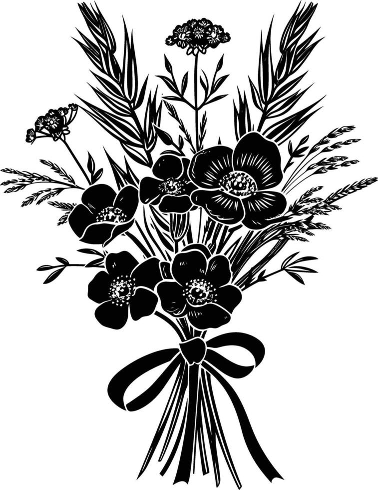 AI generated Silhouette spring flower bouquet tied with ribbon black color only vector