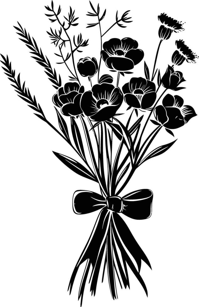 AI generated Silhouette spring flower bouquet tied with ribbon black color only vector