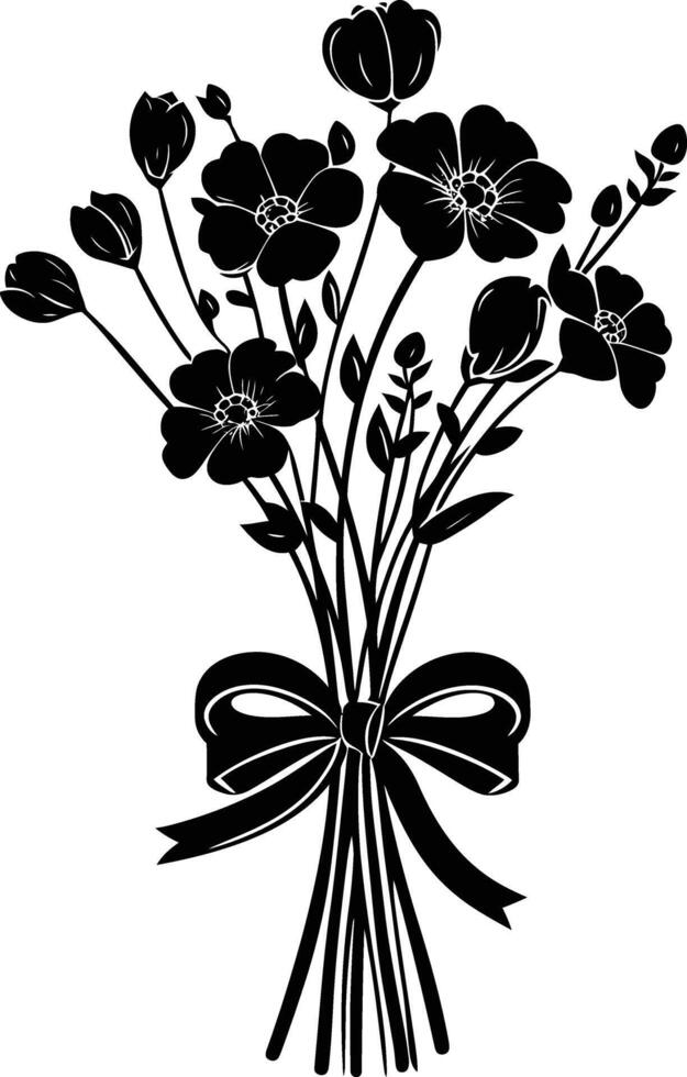 AI generated Silhouette spring flower bouquet tied with ribbon black color only vector