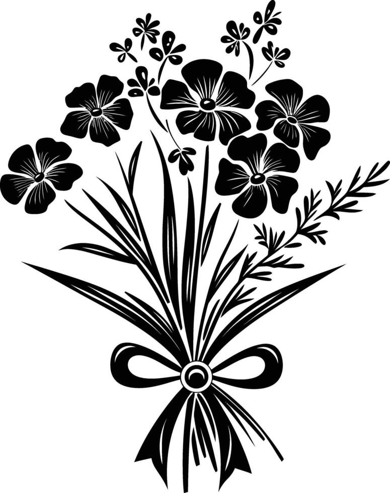 AI generated Silhouette spring flower bouquet tied with ribbon black color only vector