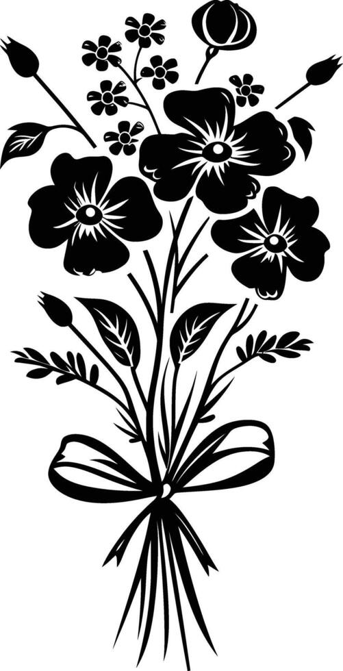 AI generated Silhouette spring flower bouquet tied with ribbon black color only vector