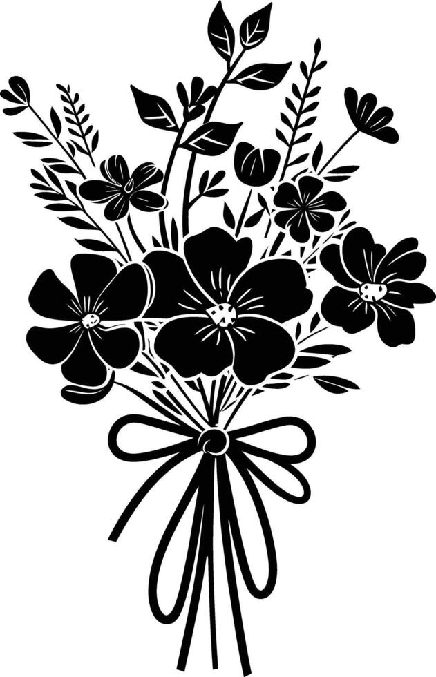 AI generated Silhouette spring flower bouquet tied with ribbon black color only vector