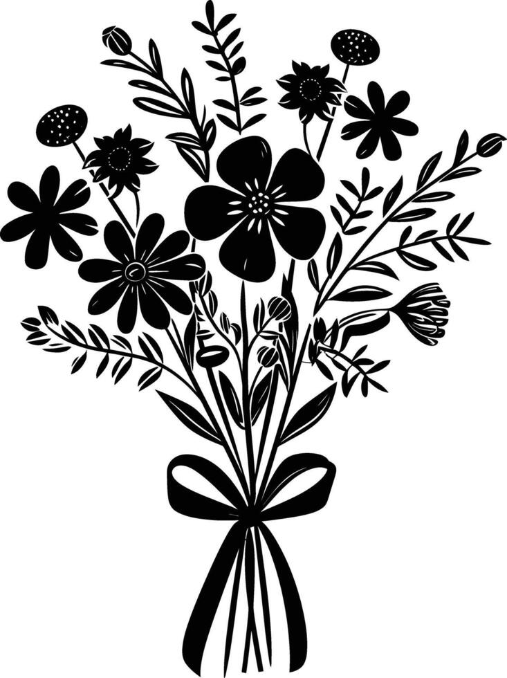 ai generado silueta primavera flor ramo de flores atado con cinta negro color solamente vector