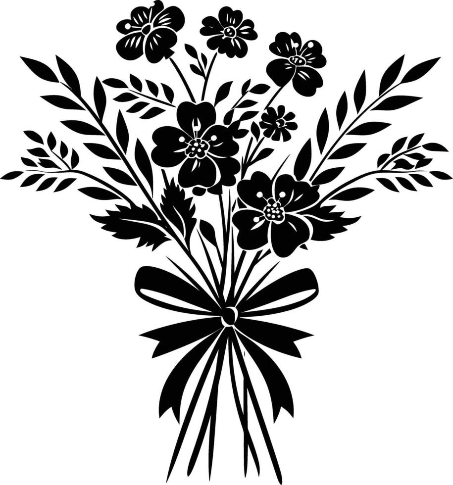 AI generated Silhouette spring flower bouquet tied with ribbon black color only vector