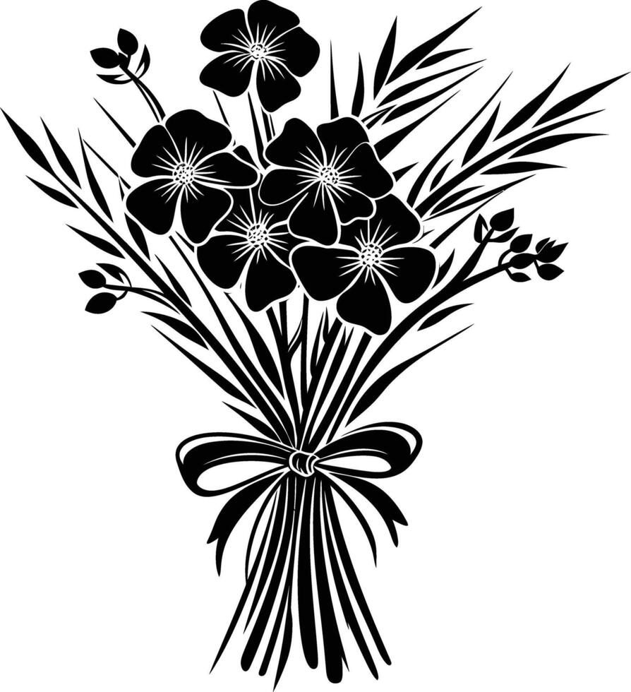 AI generated Silhouette spring flower bouquet tied with ribbon black color only vector