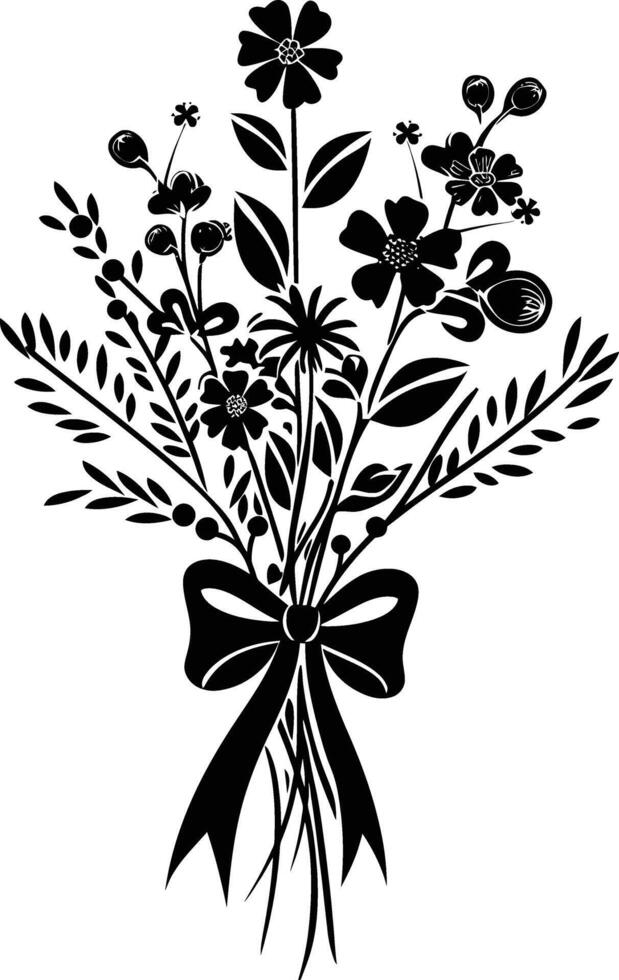 AI generated Silhouette spring flower bouquet tied with ribbon black color only vector